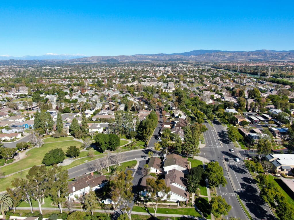 Aerial shot of nieghborhood in riverside ca dealing with termite problems until southland pest shows up