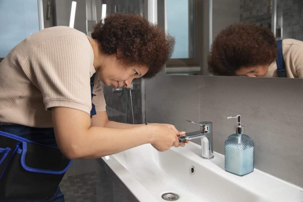 woman homeowner in riverside ca looking at tiny ants in the bathroom sink